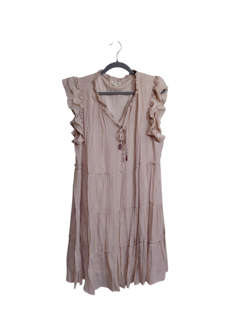 Ruffled Tie-Neck Midi Dress in Light Taupe
